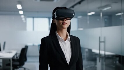 A businesswoman in a dark suit wearing VR headset, in a modern, minimal office - Powered by Adobe