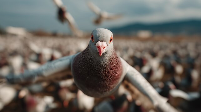 Close up view of A wild gray blue pigeon bird, Rock dove or rock pigeon, Carriers of infection, flying rats, dirty birds, pigeons in flight. High quality - Powered by Adobe