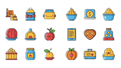 Colorful Line Art Icon Set with Various Objects and Shapes