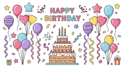 Happy Birthday Celebration with Cake, Balloons, Confetti, and Gifts - Festive Event