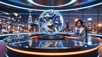 Futuristic news anchor presenting global headlines in a dynamic studio with a holographic Earth and a vibrant cityscape background at night - Powered by Adobe