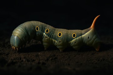 Fascinating large green caterpillar with prominent spots crawling on earth