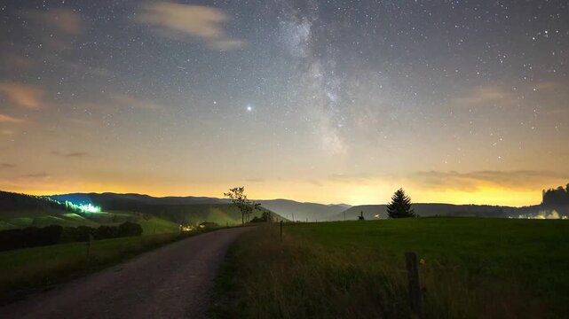 Stunning Milky Way timelapse over a rural country roa.