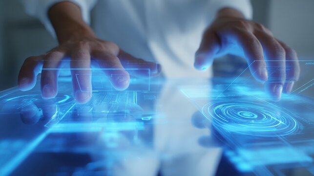 Close up of hands interacting with a holographic 3D chat interface, transparent blue UI elements, futuristic digital communication, controlled