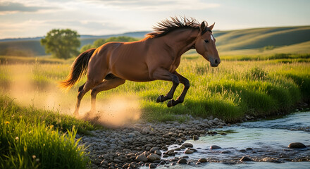 Bay horse leaping across a grassy field near a shallow river at golden hour
