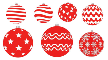 Vibrant collection of red and white holiday baubles with diverse decorative patterns for festive celebrations