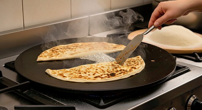 Savory pancake transformation: A culinary master at work, delicately flipping a golden, tantalizing pancake on a sizzling griddle, releasing aromatic steam and promising a delicious experience.