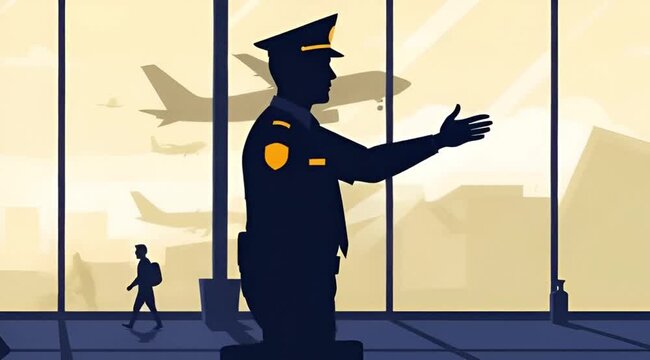 Airport security guard on duty, a silhouette illustration of law enforcement ensuring passenger safety in a terminal with airplanes visible