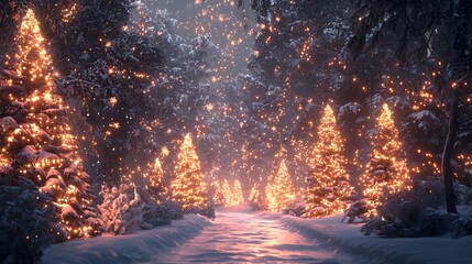 Winding Snowy Path Through a Forest of Illuminated Christmas Trees Image