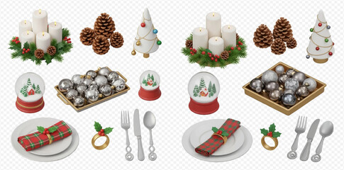 Collection of festive Christmas decorations and table setting elements.