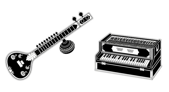 Sitar and harmonium traditional indian musical instruments vector