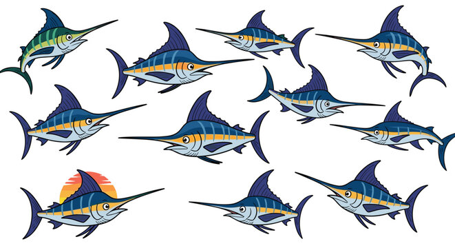 A group of marlin fish swimming together in different directions isolated on white background, showcasing their sleek bodies and pointed bills in a dynamic composition