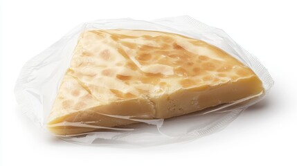 A picture shows a piece of cheese shaped like a triangle, in round packaging.  The background is white.
