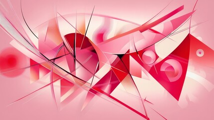 A pink background with red geometric shapes and lines.  The design is dynamic and abstract.
