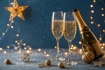 Two elegant champagne flutes filled with bubbly golden champagne stand next to a bottle of champagne surrounded by sparkling christmas lights and festive decorations on a dark blue background