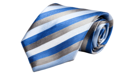Elegant rolled blue striped necktie featuring modern diagonal pattern and textured fabric design suitable for business attire fashion styling purposes on white background
