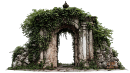 Ancient stone archway ruin covered with dense green foliage and climbing vines creating mysterious abandoned entrance reminiscent of historical architecture on white background