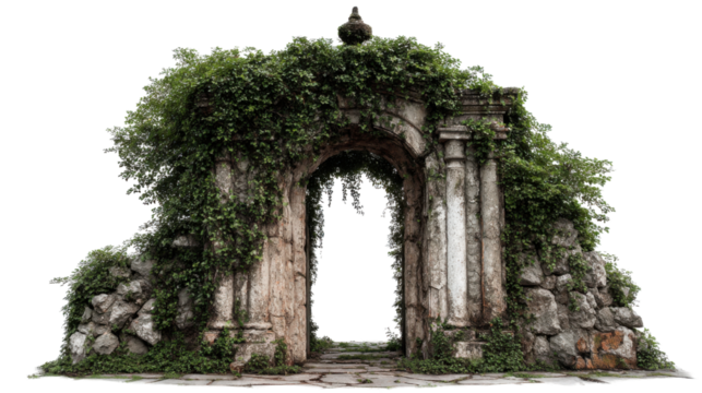 Ancient stone archway ruin covered with dense green foliage and climbing vines creating mysterious abandoned entrance reminiscent of historical architecture on white background