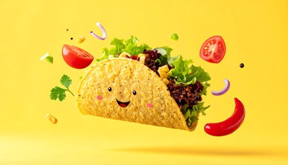 Cheerful Taco with Flying Ingredients on Yellow Background.
