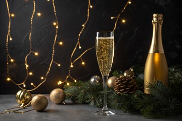 A festive still life featuring a tall glass of champagne a golden bottle of bubbly and christmas ornaments all illuminated by warm fairy lights against a dark background