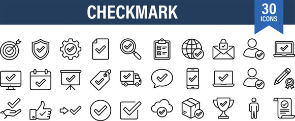 Minimal line checkmark icons collection for business, approval, success, productivity, task management, verification, and digital user interface design resources.