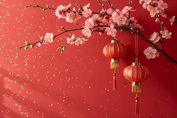 Delicate pink cherry blossoms bloom on a branch adorned with traditional red chinese lanterns set against a shimmering red background evoking a festive and celebratory atmosphere