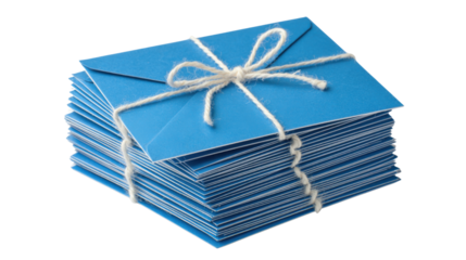 Stack of bright blue paper envelopes neatly tied with white string showcasing organized correspondence stationery mailing supplies and simple communication arrangement on white background