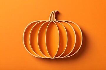 A stylized graphic representation of a pumpkin crafted from layered paper or cardstock casting a soft shadow on a vibrant orange background evoking autumn and harvest themes