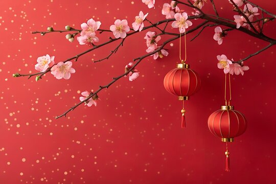 "Cherry Blossom Branch with Red Lanterns on Festive Red Background &ndash; Lunar New Year Decoration"