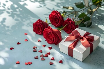 "Romantic Red Roses and Gift Box with Hearts on Light Blue Background – Valentine’s Day Flat Lay"