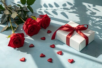 "Romantic Red Roses and Gift Box with Hearts on Light Blue Background – Valentine’s Day Flat Lay"