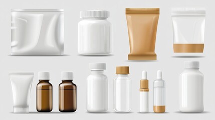 A realistic picture of glue bottles and containers.  It shows different types of glue packaging, including plastic bottles and silicone tubes.

