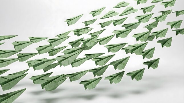 Green paper airplanes flying in formation representing teamwork leadership and business direction concepts suitable for corporate strategy presentations and goals.