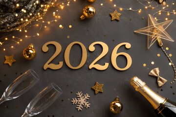 Golden 2026 numbers illuminated by festive bokeh lights and surrounded by sparkling new year s eve decorations like champagne bottle glasses ornaments and star
