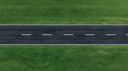 3D render of a straight asphalt road with white markings. Straight way, line. Empty asphalt surface. Top view of a straight asphalt road with white dashed lane markings