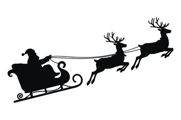Santa claus riding sleigh with flying reindeer silhouette vector, Christmas santa sleigh vector illustration