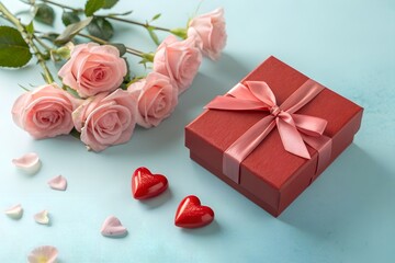 A romantic scene with a red gift box tied with a pink ribbon delicate pink roses and two heart shaped candies on a light blue textured background perfect for expressing love and affection