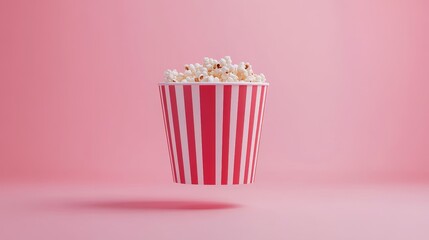 A red and white striped popcorn bucket floats against a pink background.  It's a fun, movie-snack image.
