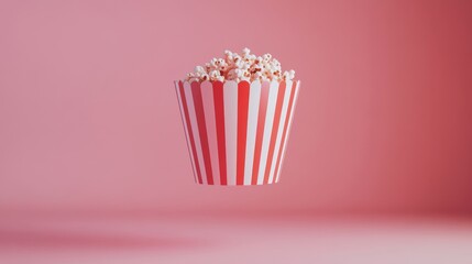 A red and white striped popcorn bucket floats against a pink background.  It's a fun, movie-snack image.
