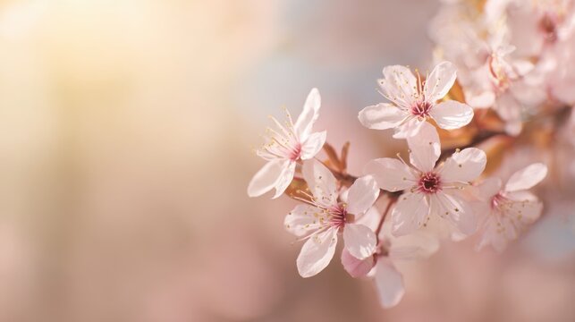 Delicate pastel spring background with soft focus cherry blossoms, gentle sunlight, warm airy tones, clean space for text, minimalistic and commercial
