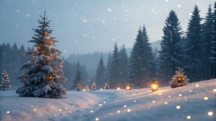 Beautiful snowy winter landscape featuring a forest of frosted fir trees under a cold blue sky