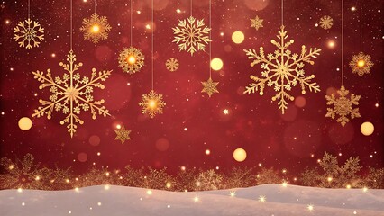 A merry red Christmas background featuring a decorated tree, falling snowflakes, and star decorations for the holiday season
