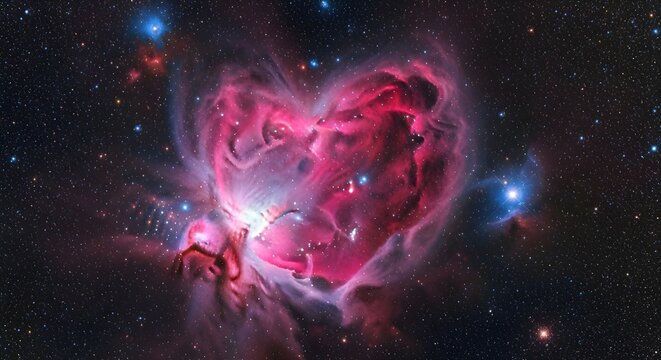 A vibrant heart shaped nebula glowing pink and red amidst a dark starry expanse in deep space view