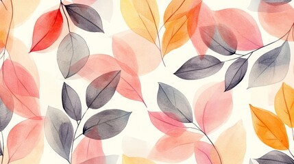 A repeating pattern of watercolor leaves.  The design features leaves drawn with lines and painted in watercolor.
