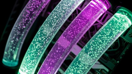 Close up of clear plastic pipes filled with bright green and purple liquid for computer liquid cooling system with visible bubbles and neon light