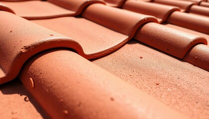 Close-up of clay roof tiles, textured surface, sunlight,   exterior,  weathered