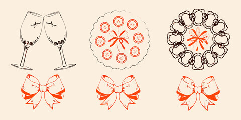 Hand drawn celebration elements champagne glasses rosettes and bows for festive designs © Kopil