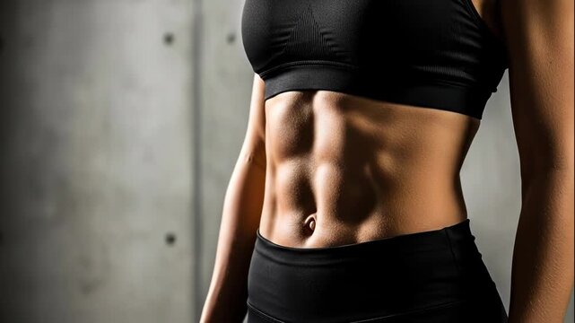 Closeup of a fit womans toned abdominal muscles showcasing a sixpack in athletic wear against a concrete wall
