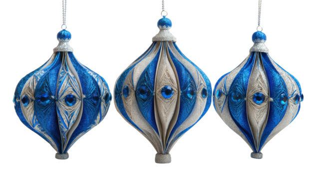 Elegant blue and silver Christmas ornaments with intricate glittered detailing and gemstone accents showcasing luxurious festive decoration design on white background