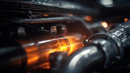 engine bay shot focusing on turbo heat glow, warm reflections on metallic surfaces, subtle hints of oil coking, minimalism, shallow depth of field